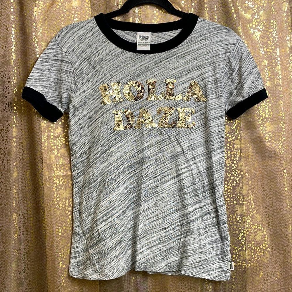 PINK Victorias Secret marled Heather gray Holla Daze sequin ringer t-shirt, XS